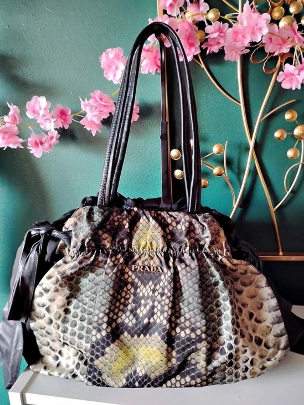 Prada Python Print Nylon and Leather Tote Bag Black & Brown